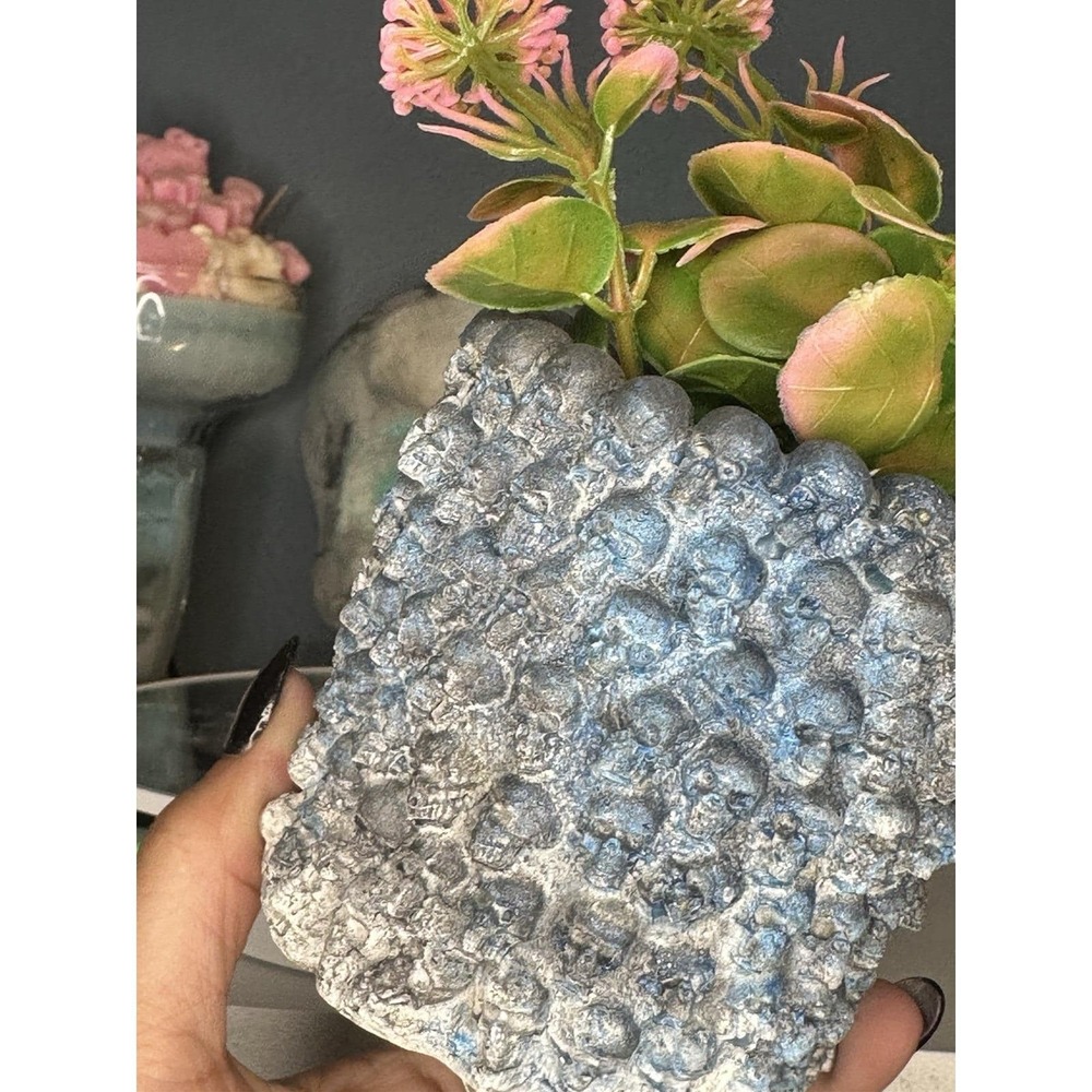 Skull Concrete Plant Pot  Blue Black  Handmade Cement Succulent Planter - Picture 3 of 9